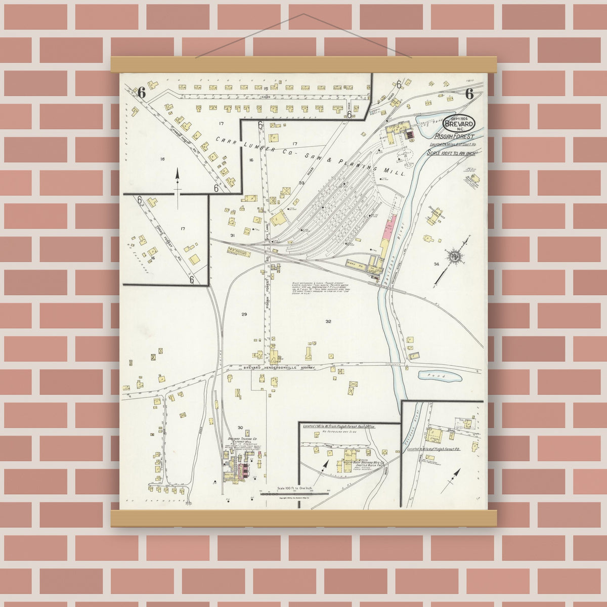 Old map wall art mockup — magnetic wood frame on brick wall — Sanborn Fire Insurance Map from Brevard, Transylvania County, North Carolina (1924), Sheet #0006