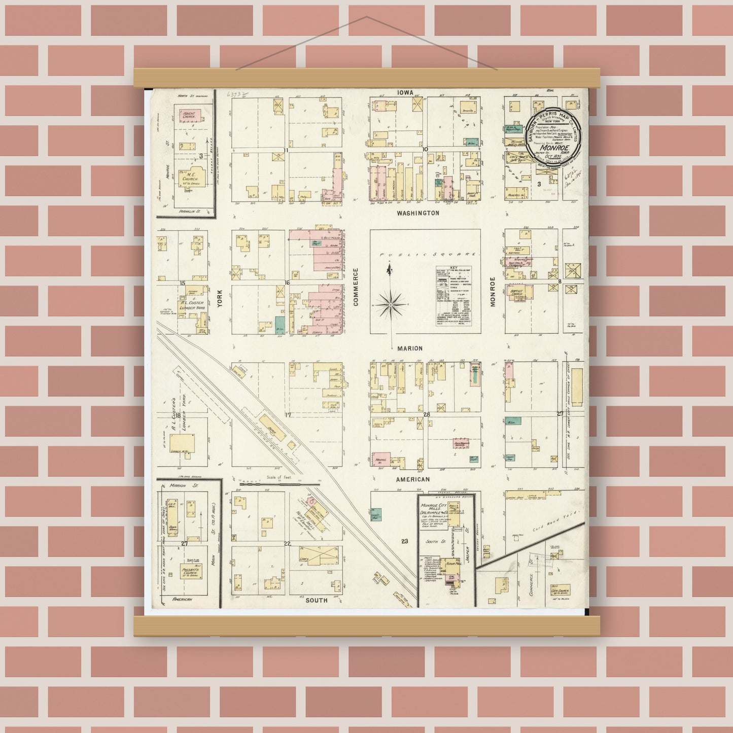 Old map wall art mockup — magnetic wood frame on brick wall — Sanborn Fire Insurance Map from Monroe, Jasper County, Iowa (1895), Sheet #0001