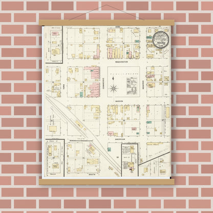 Old map wall art mockup — magnetic wood frame on brick wall — Sanborn Fire Insurance Map from Monroe, Jasper County, Iowa (1895), Sheet #0001