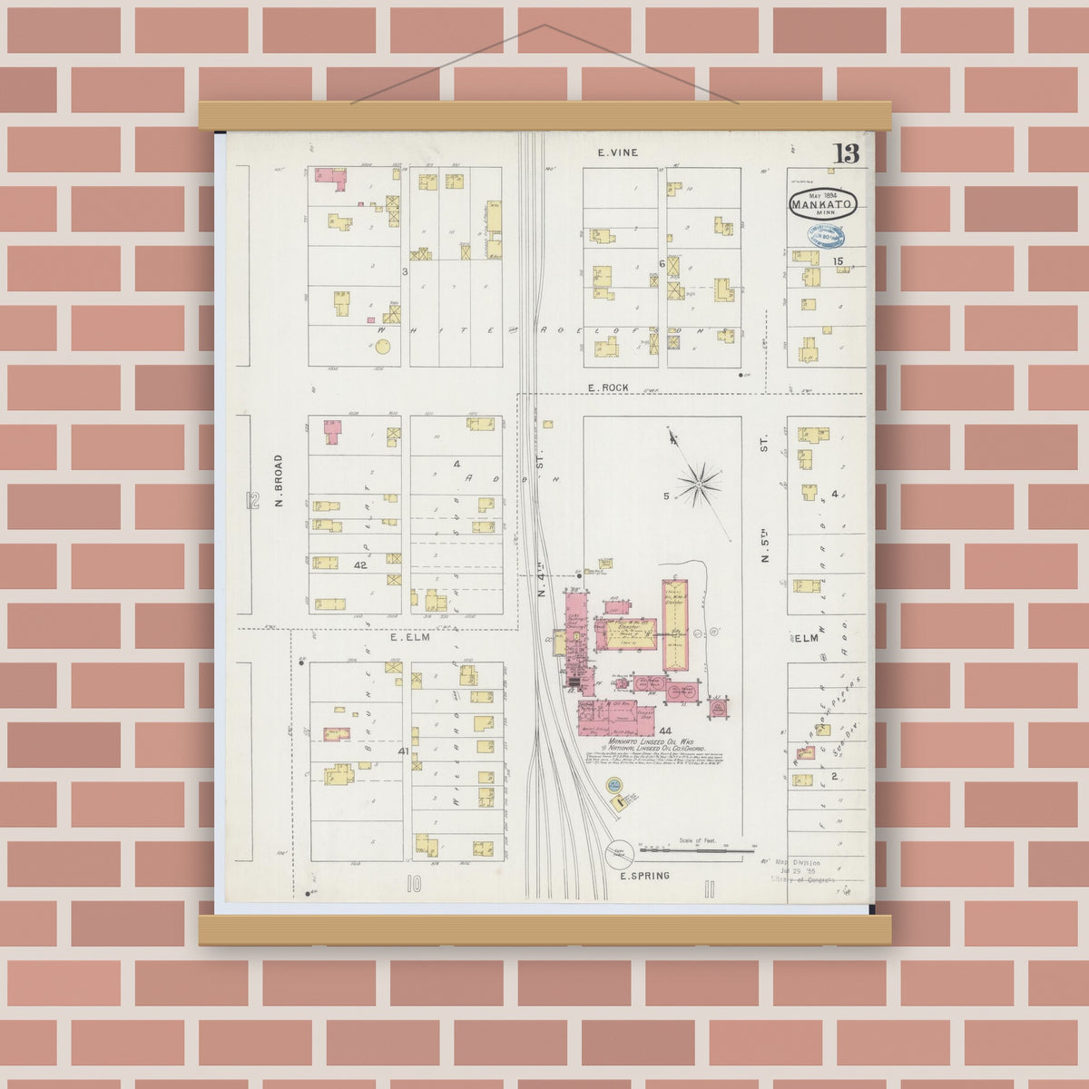 Old map wall art mockup — magnetic wood frame on brick wall — Sanborn Fire Insurance Map from Mankato, Blue Earth County, Minnesota (1894), Sheet #0013