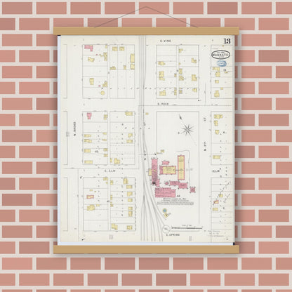 Old map wall art mockup — magnetic wood frame on brick wall — Sanborn Fire Insurance Map from Mankato, Blue Earth County, Minnesota (1894), Sheet #0013