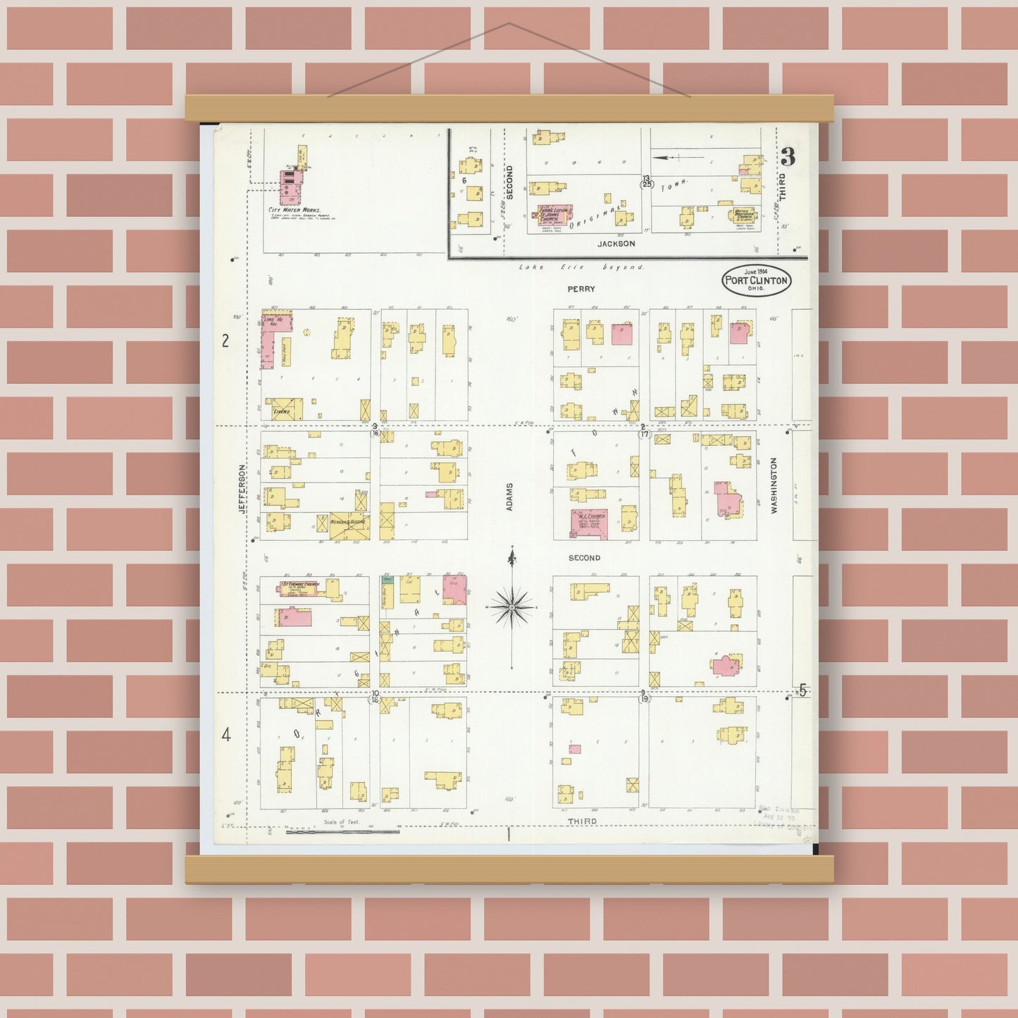 Old map wall art mockup — magnetic wood frame on brick wall — Sanborn Fire Insurance Map from Port Clinton, Ottawa County, Ohio (1904), Sheet #0003