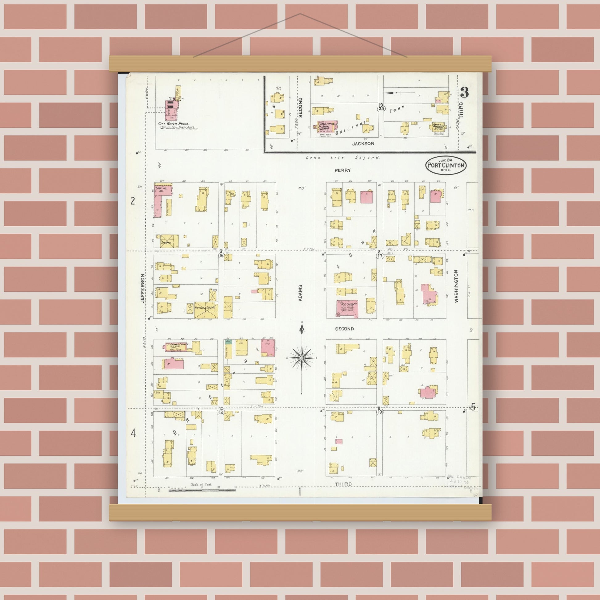 Old map wall art mockup — magnetic wood frame on brick wall — Sanborn Fire Insurance Map from Port Clinton, Ottawa County, Ohio (1904), Sheet #0003