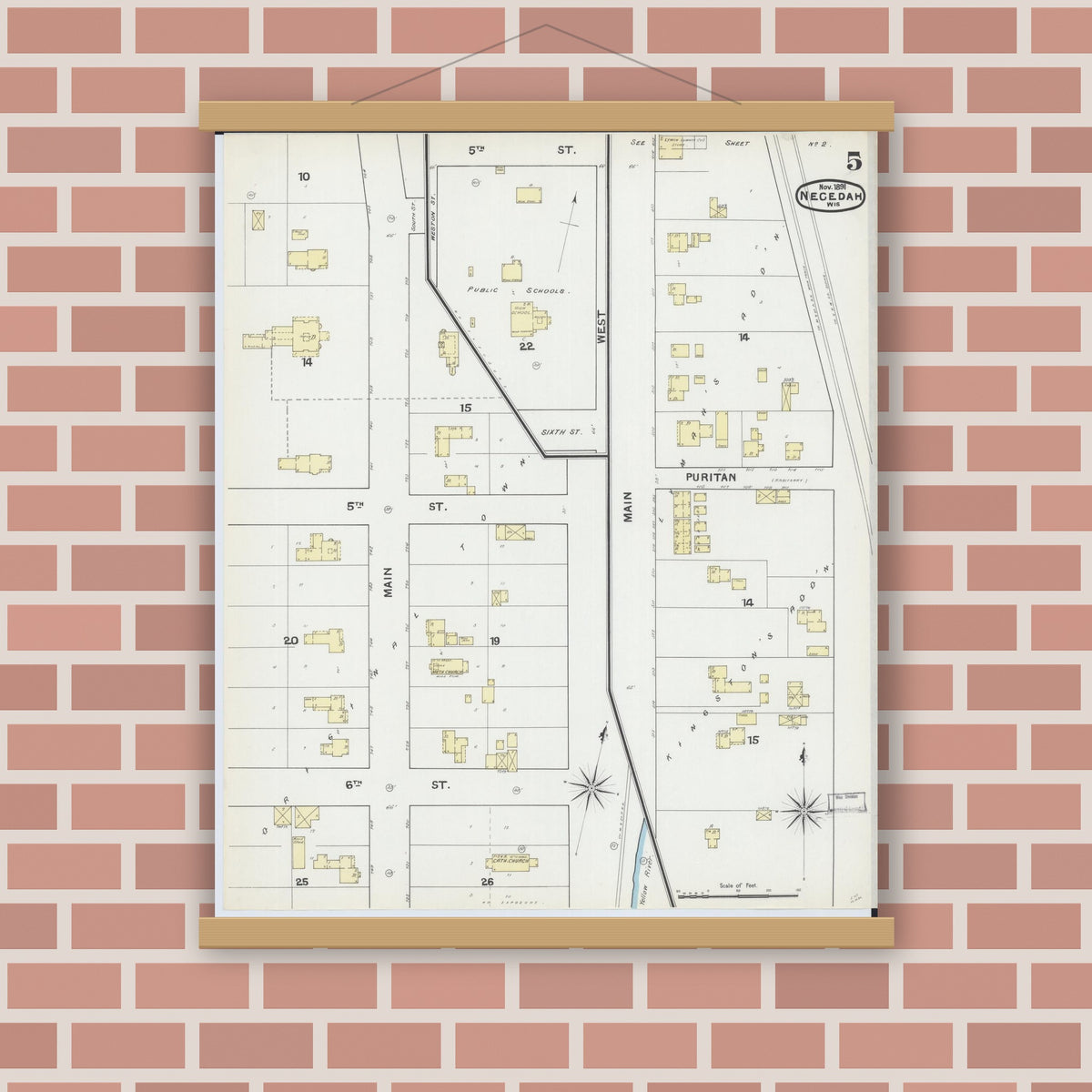 Old map wall art mockup — magnetic wood frame on brick wall — Sanborn Fire Insurance Map from Necedah, Juneau County, Wisconsin (1891), Sheet #0005