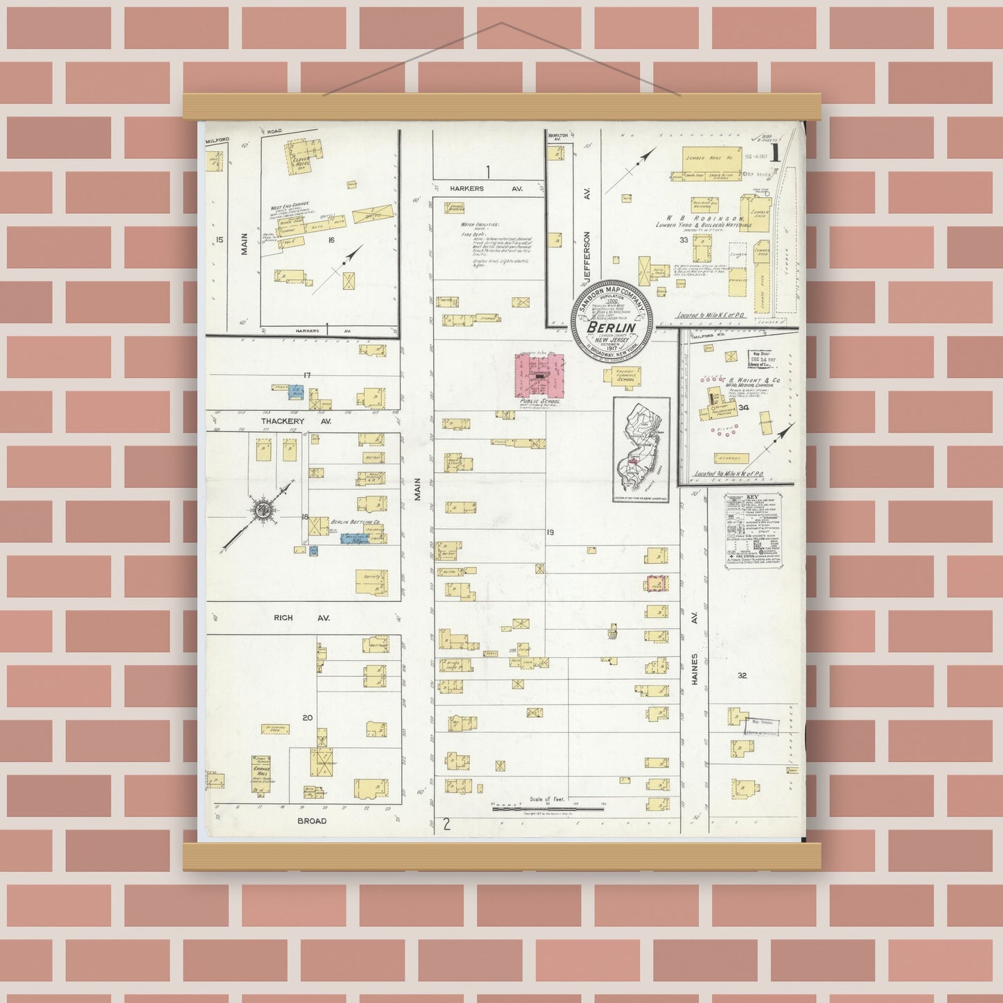 Old map wall art mockup — magnetic wood frame on brick wall — Sanborn Fire Insurance Map from Berlin, Camden County, New Jersey (1917) - Complete Map Set