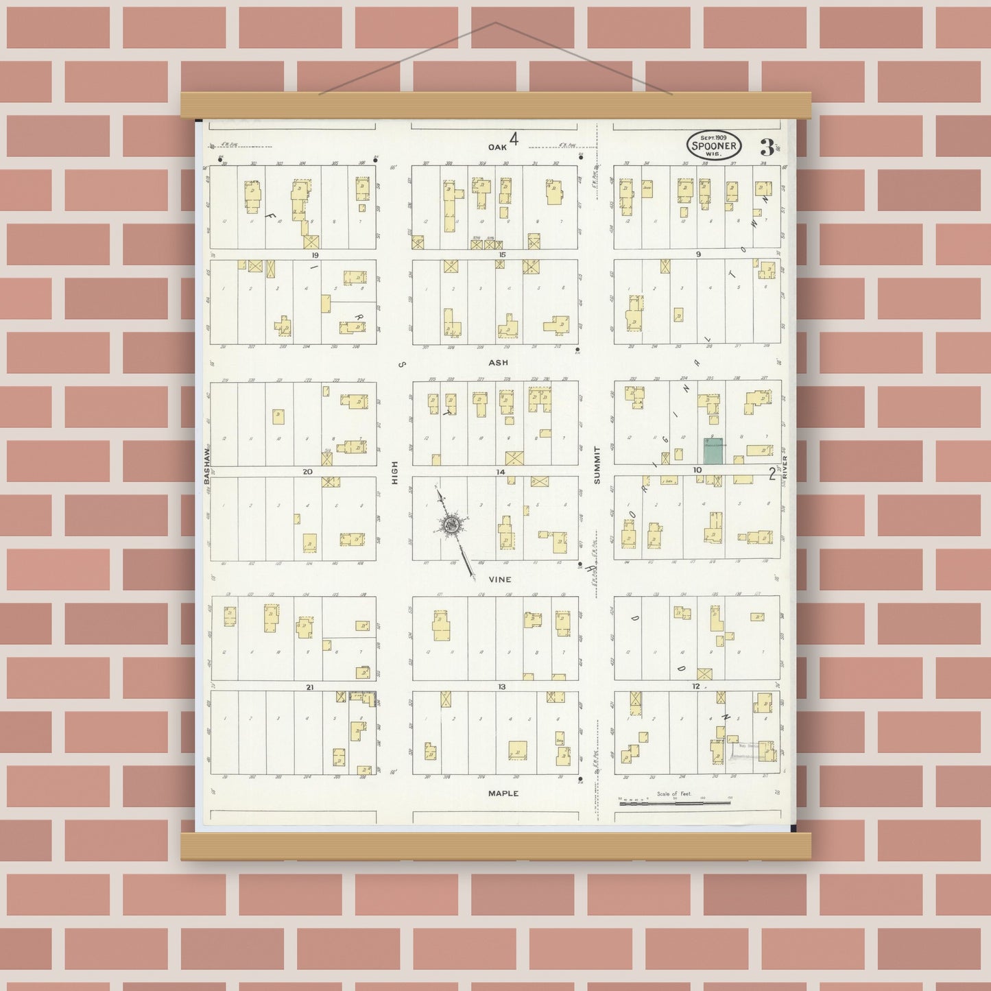Old map wall art mockup — magnetic wood frame on brick wall — Sanborn Fire Insurance Map from Spooner, Washburn County, Wisconsin (1909), Sheet #0003
