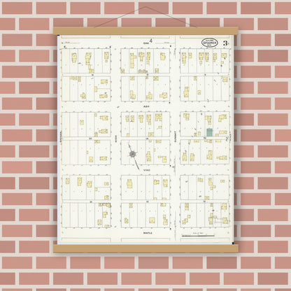 Old map wall art mockup — magnetic wood frame on brick wall — Sanborn Fire Insurance Map from Spooner, Washburn County, Wisconsin (1909), Sheet #0003