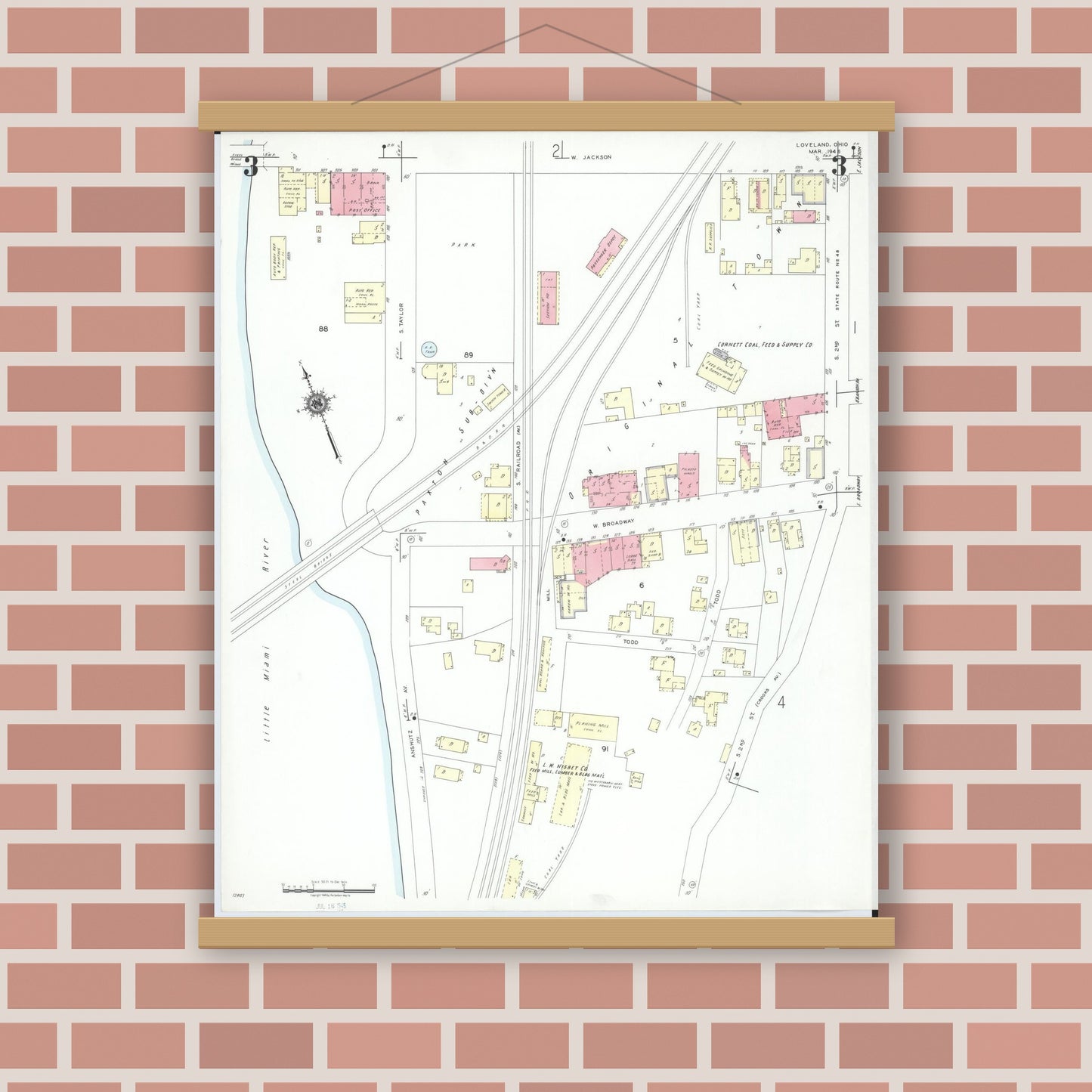 Old map wall art mockup — magnetic wood frame on brick wall — Sanborn Fire Insurance Map from Loveland, Clermont, Hamilton, And Warren County, Ohio (1946), Sheet #0003
