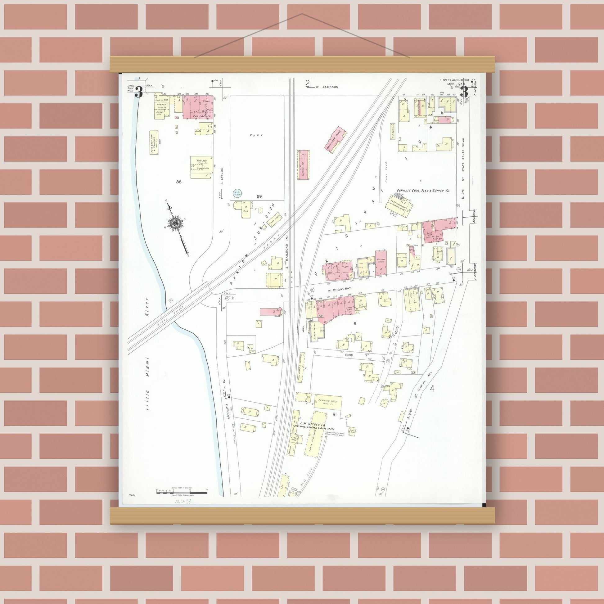 Old map wall art mockup — magnetic wood frame on brick wall — Sanborn Fire Insurance Map from Loveland, Clermont, Hamilton, And Warren County, Ohio (1946), Sheet #0003