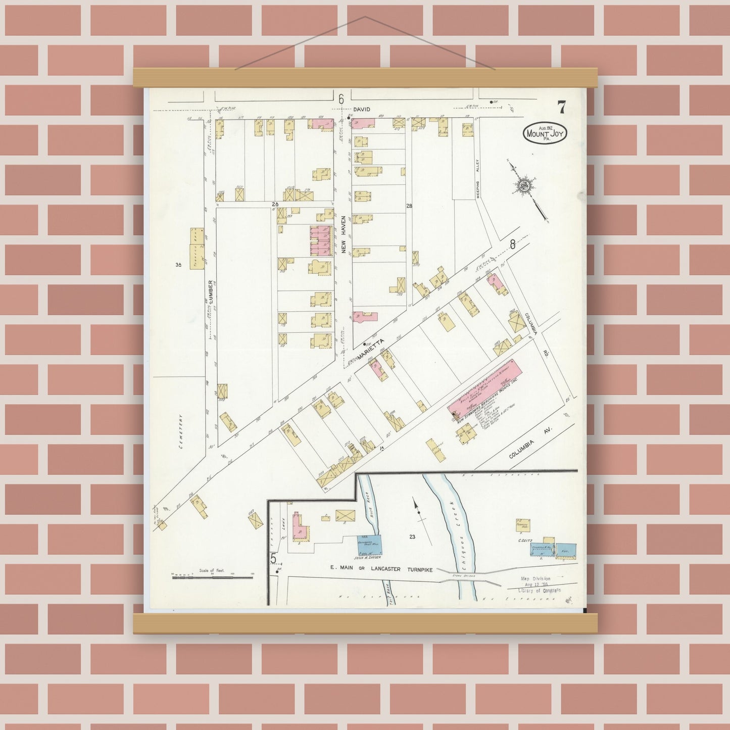 Old map wall art mockup — magnetic wood frame on brick wall — Sanborn Fire Insurance Map from Mount Joy, Lancaster County, Pennsylvania (1912), Sheet #0007