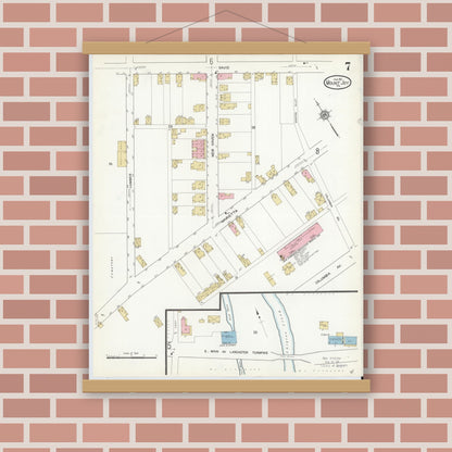 Old map wall art mockup — magnetic wood frame on brick wall — Sanborn Fire Insurance Map from Mount Joy, Lancaster County, Pennsylvania (1912), Sheet #0007