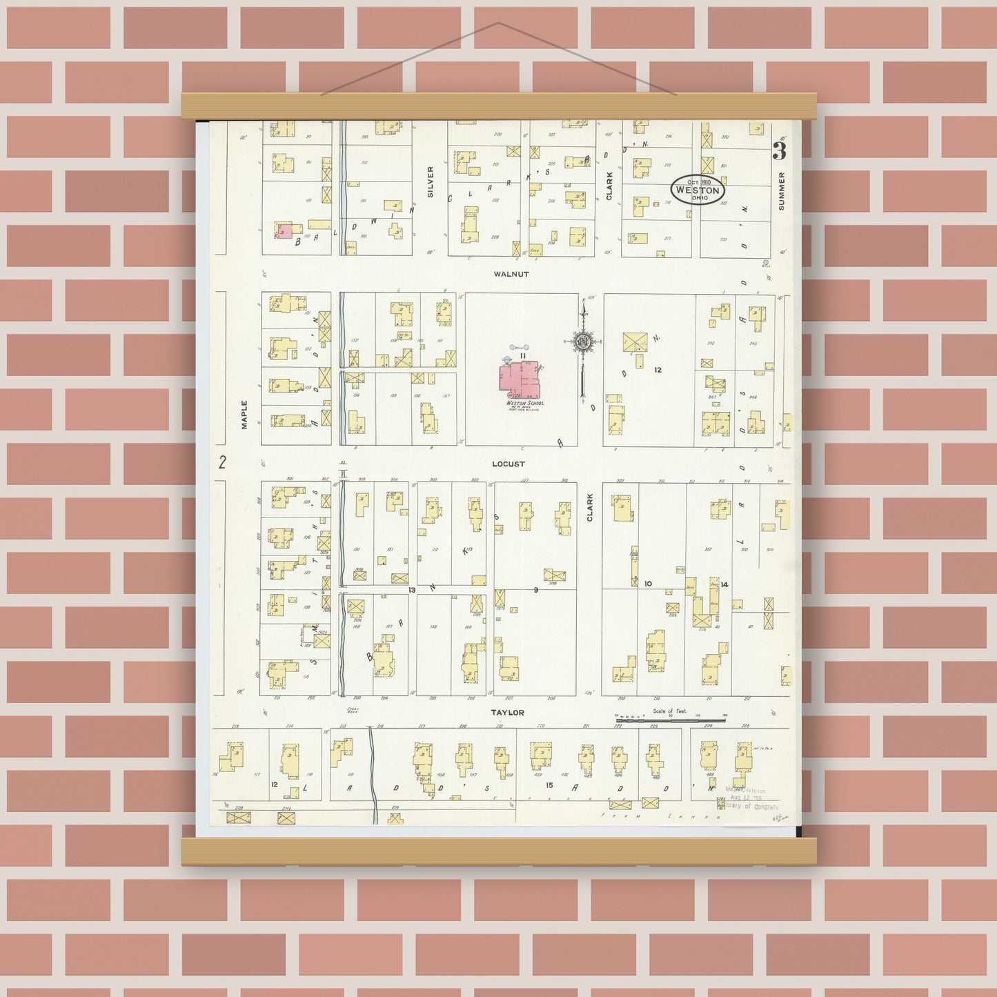 Old map wall art mockup — magnetic wood frame on brick wall — Sanborn Fire Insurance Map from Weston, Wood County, Ohio (1910), Sheet #0003