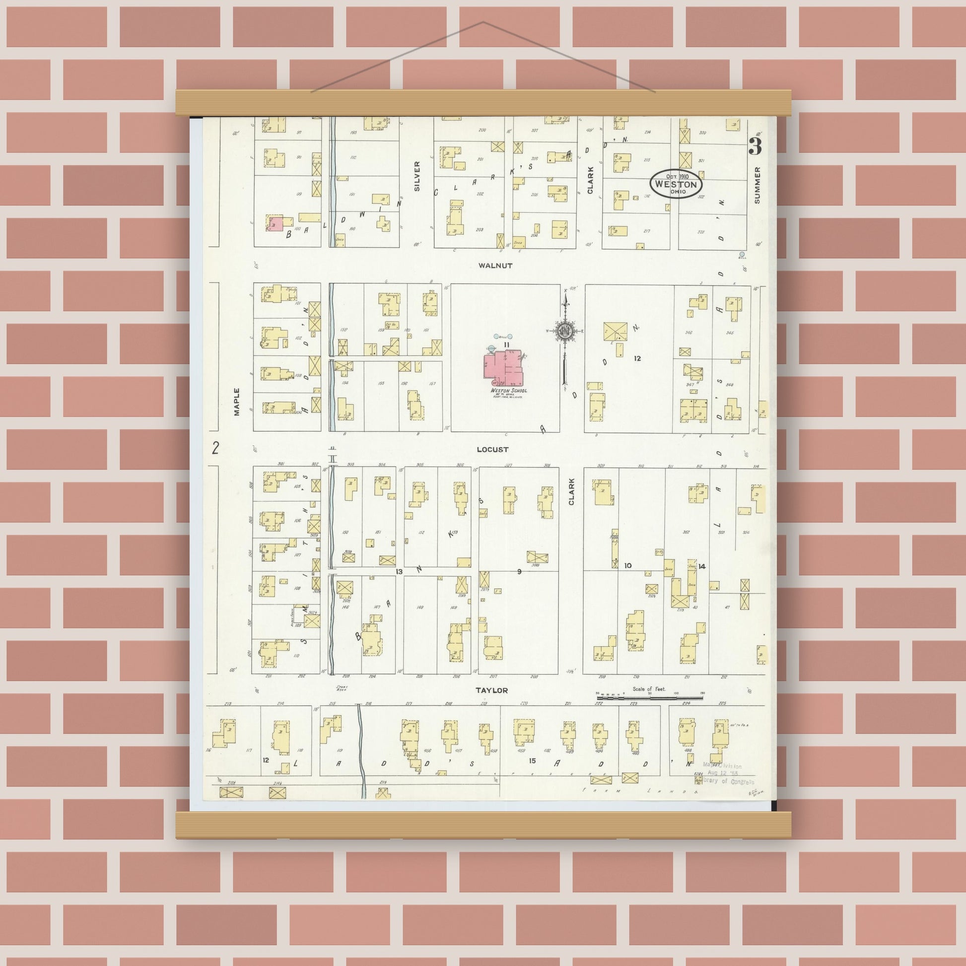 Old map wall art mockup — magnetic wood frame on brick wall — Sanborn Fire Insurance Map from Weston, Wood County, Ohio (1910), Sheet #0003