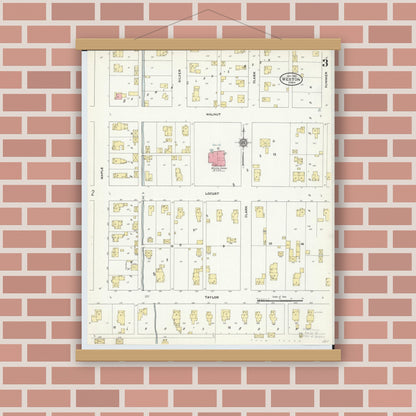 Old map wall art mockup — magnetic wood frame on brick wall — Sanborn Fire Insurance Map from Weston, Wood County, Ohio (1910), Sheet #0003