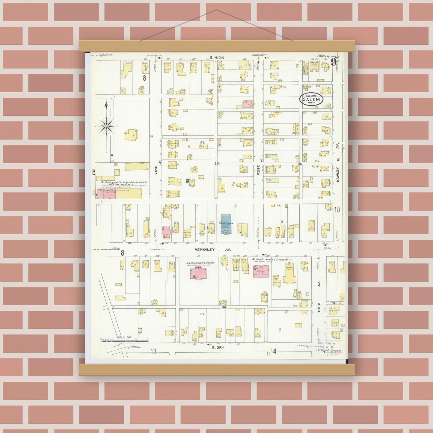 Old map wall art mockup — magnetic wood frame on brick wall — Sanborn Fire Insurance Map from Salem, Columbiana County, Ohio (1909), Sheet #0009