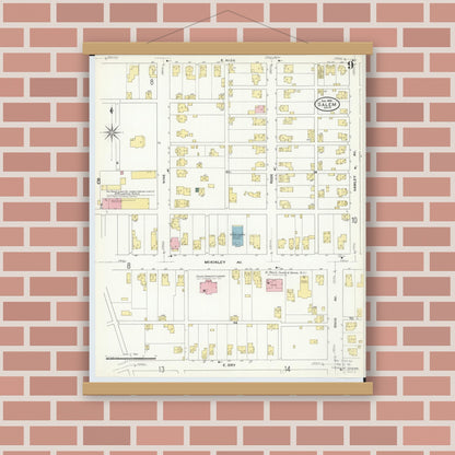 Old map wall art mockup — magnetic wood frame on brick wall — Sanborn Fire Insurance Map from Salem, Columbiana County, Ohio (1909), Sheet #0009