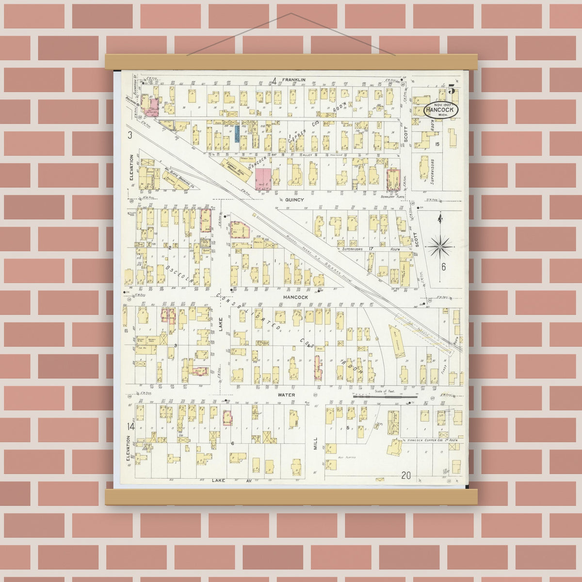 Old map wall art mockup — magnetic wood frame on brick wall — Sanborn Fire Insurance Map from Hancock, Houghton County, Michigan (1907), Sheet #0005