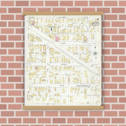 Old map wall art mockup — magnetic wood frame on brick wall — Sanborn Fire Insurance Map from Hancock, Houghton County, Michigan (1907), Sheet #0005
