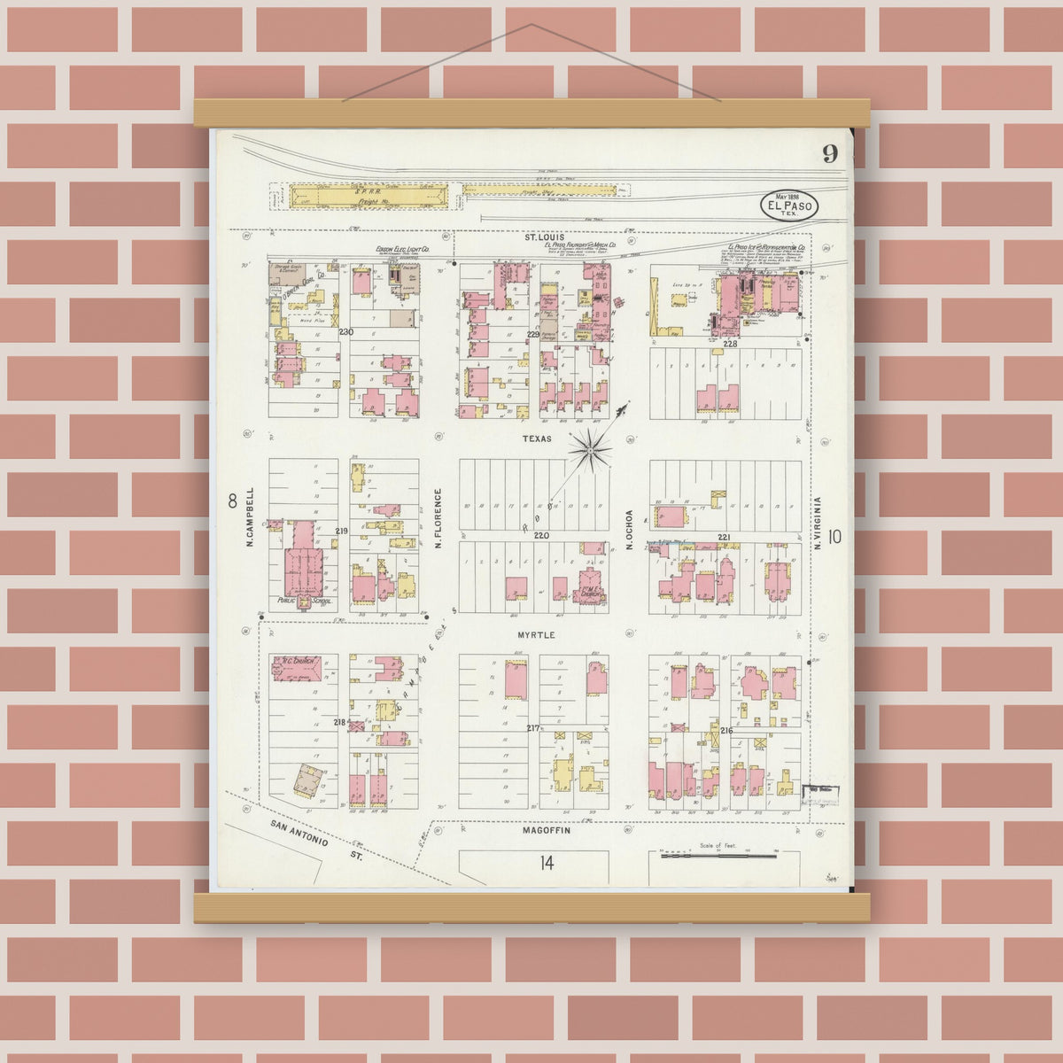 Old map wall art mockup — magnetic wood frame on brick wall — Sanborn Fire Insurance Map from El Paso, El Paso County, Texas (1898), Sheet #0009
