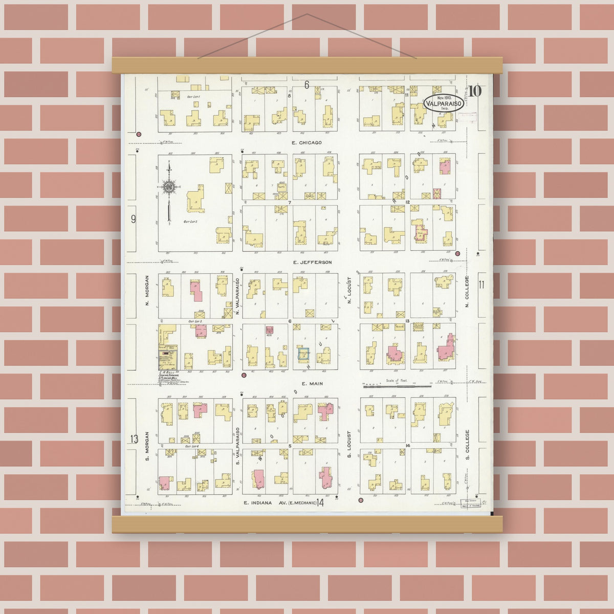 Old map wall art mockup — magnetic wood frame on brick wall — Sanborn Fire Insurance Map from Valparaiso, Porter County, Indiana (1910), Sheet #0010