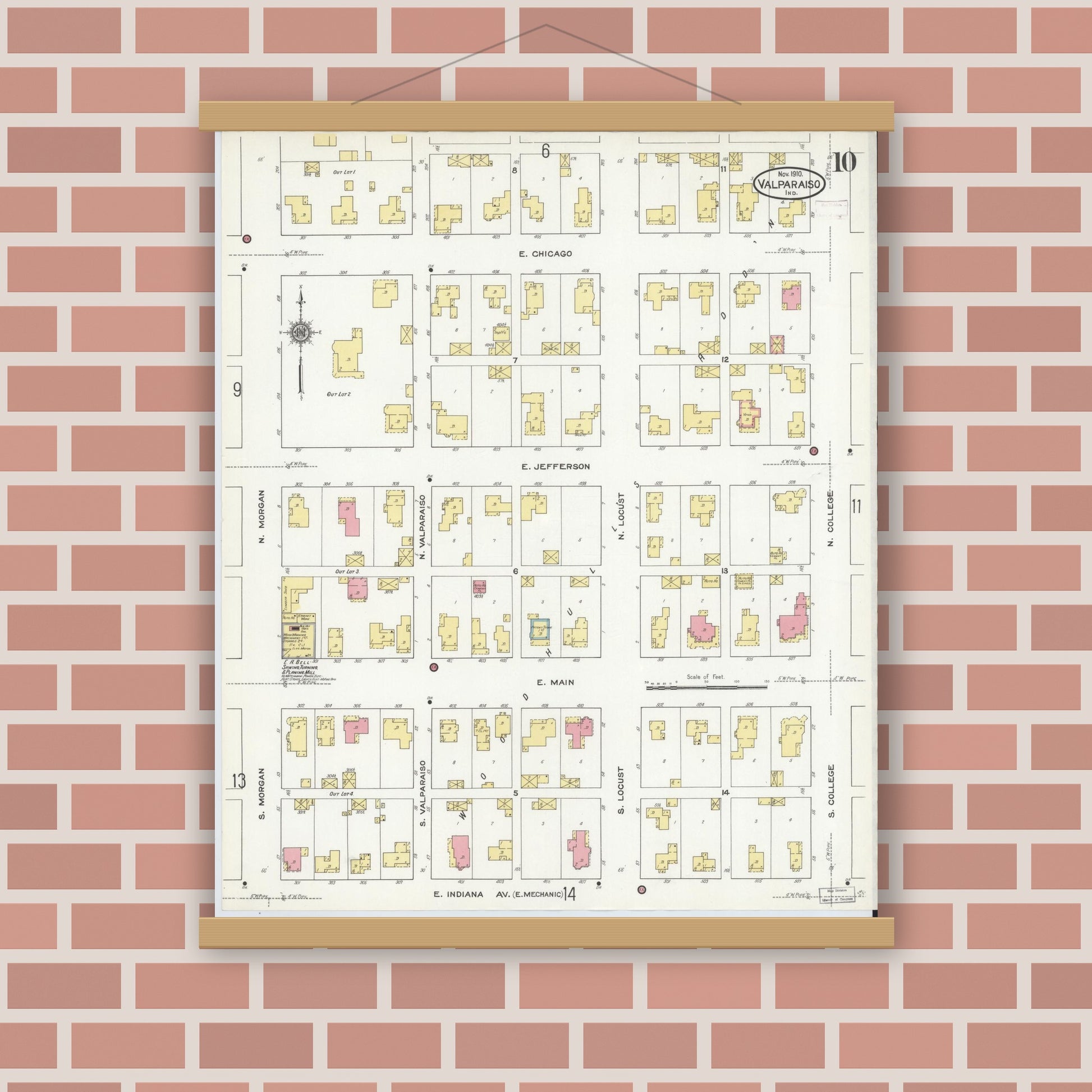 Old map wall art mockup — magnetic wood frame on brick wall — Sanborn Fire Insurance Map from Valparaiso, Porter County, Indiana (1910), Sheet #0010