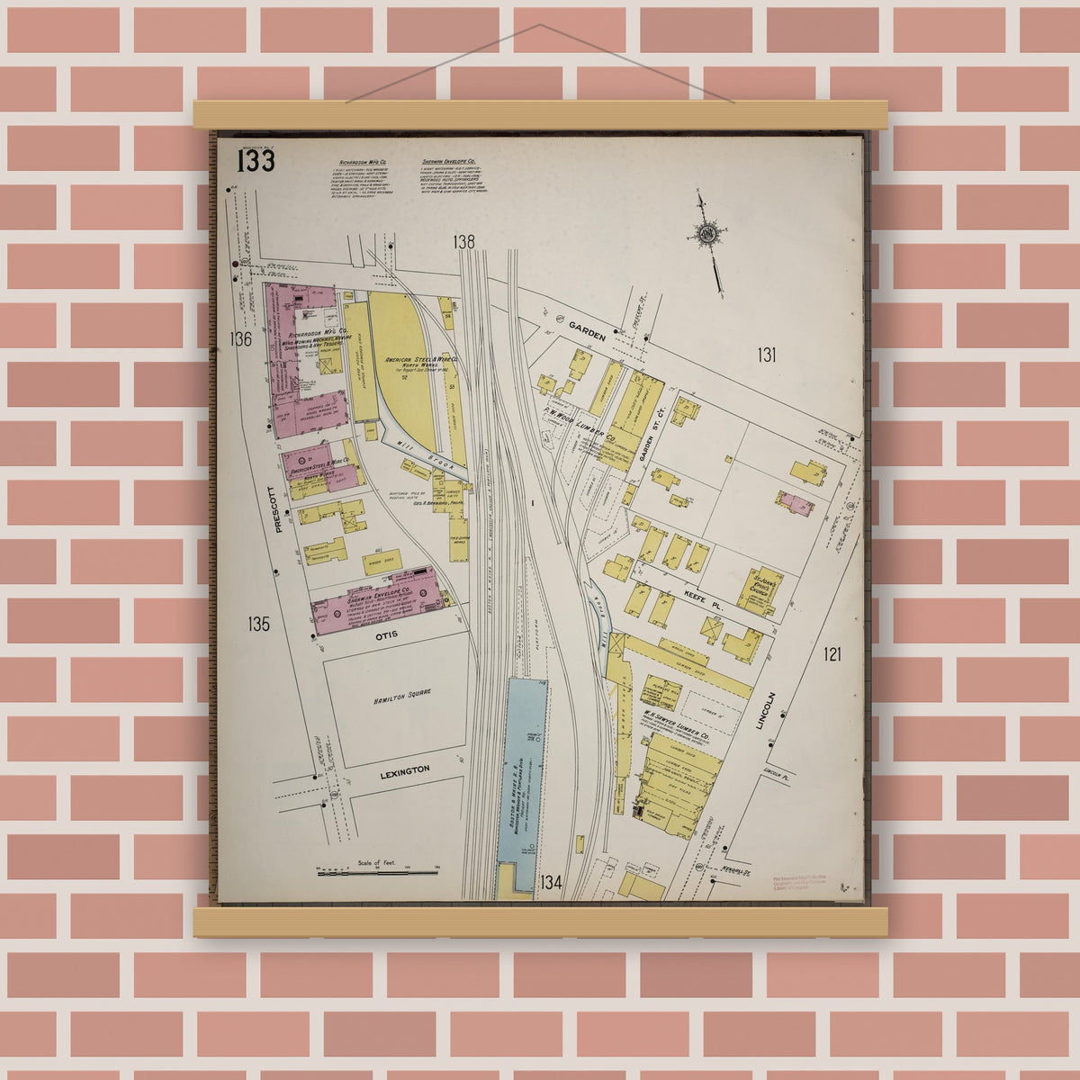 Old map wall art mockup — magnetic wood frame on brick wall — Sanborn Fire Insurance Map from Worcester, Worcester County, Massachusetts (1910), Sheet #0133