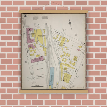 Old map wall art mockup — magnetic wood frame on brick wall — Sanborn Fire Insurance Map from Worcester, Worcester County, Massachusetts (1910), Sheet #0133