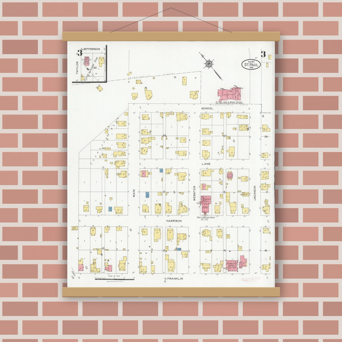 Old map wall art mockup — magnetic wood frame on brick wall — Sanborn Fire Insurance Map from Saint Paul, Shelby And Decatur Counties, Indiana (1927), Sheet #0003