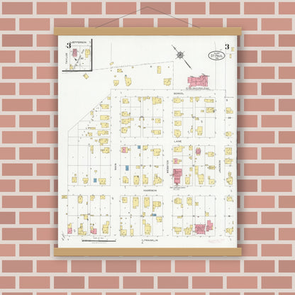 Old map wall art mockup — magnetic wood frame on brick wall — Sanborn Fire Insurance Map from Saint Paul, Shelby And Decatur Counties, Indiana (1927), Sheet #0003