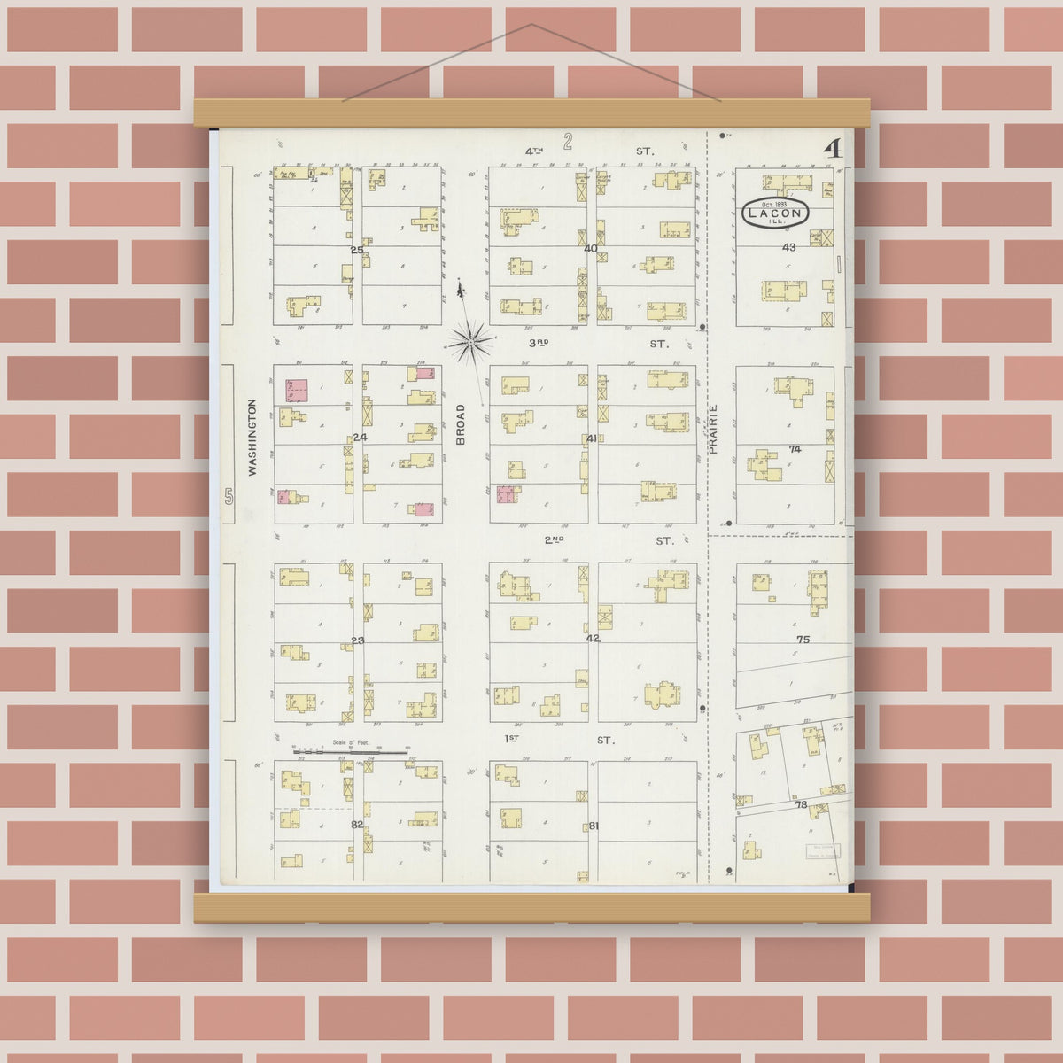 Old map wall art mockup — magnetic wood frame on brick wall — Sanborn Fire Insurance Map from Lacon, Marshall County, Illinois (1893), Sheet #0004