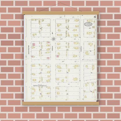 Old map wall art mockup — magnetic wood frame on brick wall — Sanborn Fire Insurance Map from Lacon, Marshall County, Illinois (1893), Sheet #0004