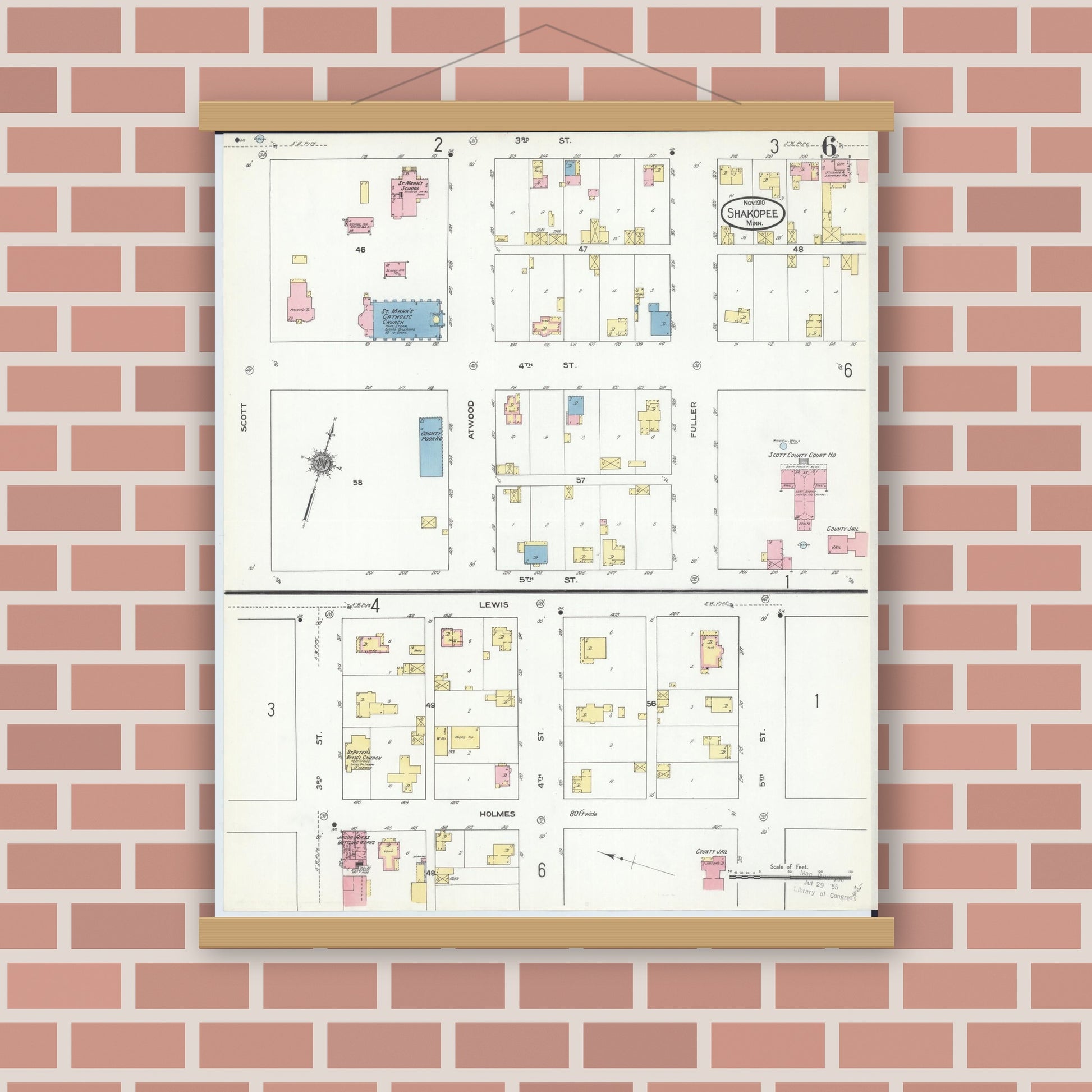 Old map wall art mockup — magnetic wood frame on brick wall — Sanborn Fire Insurance Map from Shakopee, Scott County, Minnesota (1910), Sheet #0006