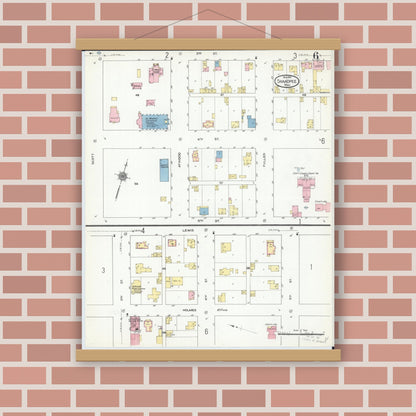 Old map wall art mockup — magnetic wood frame on brick wall — Sanborn Fire Insurance Map from Shakopee, Scott County, Minnesota (1910), Sheet #0006