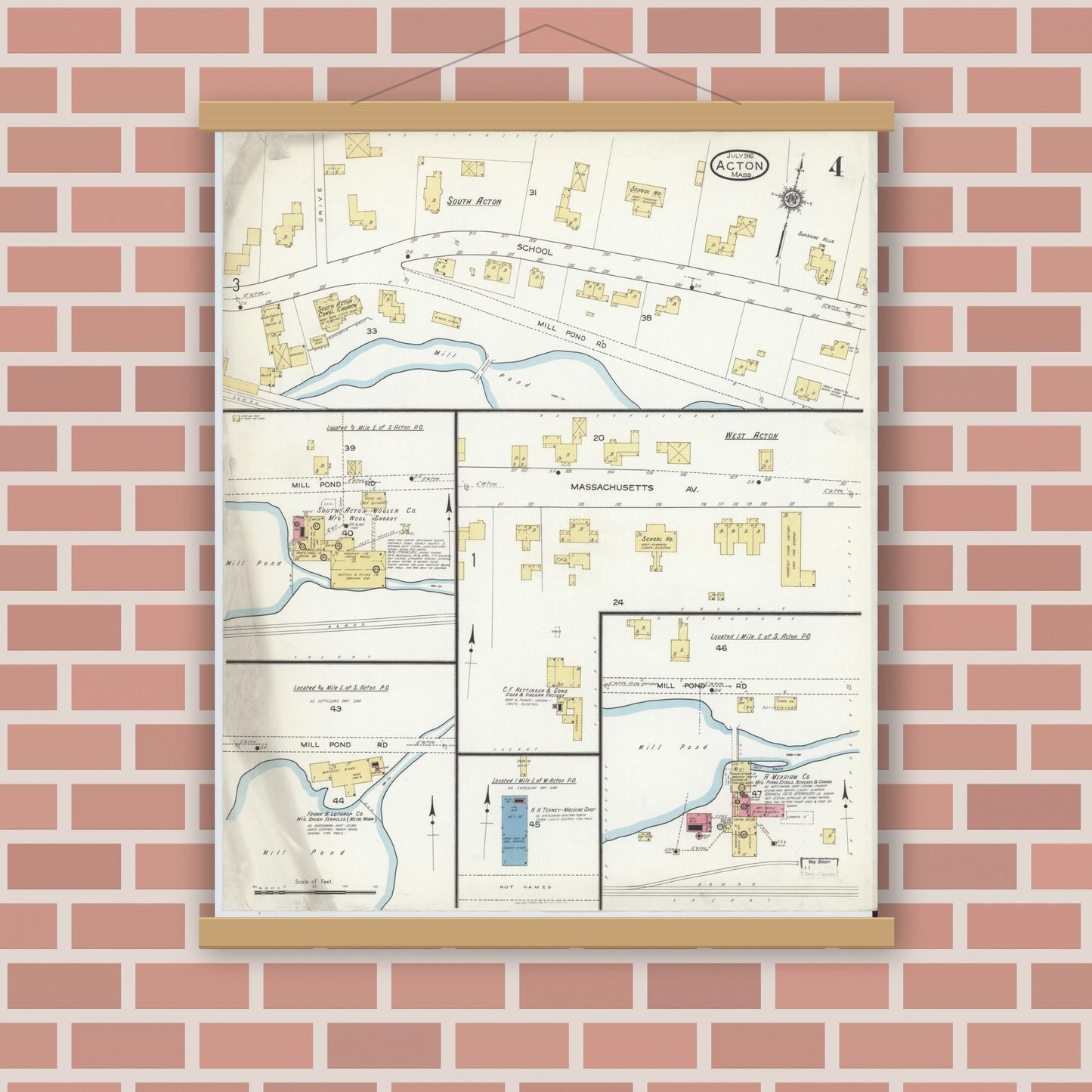 Old map wall art mockup — magnetic wood frame on brick wall — Sanborn Fire Insurance Map from Acton, Middlesex County, Massachusetts (1916), Sheet #0004