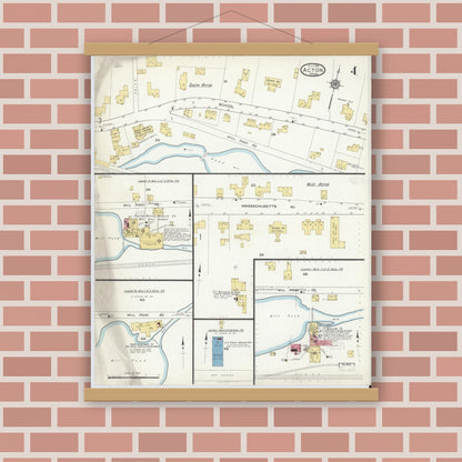 Old map wall art mockup — magnetic wood frame on brick wall — Sanborn Fire Insurance Map from Acton, Middlesex County, Massachusetts (1916), Sheet #0004