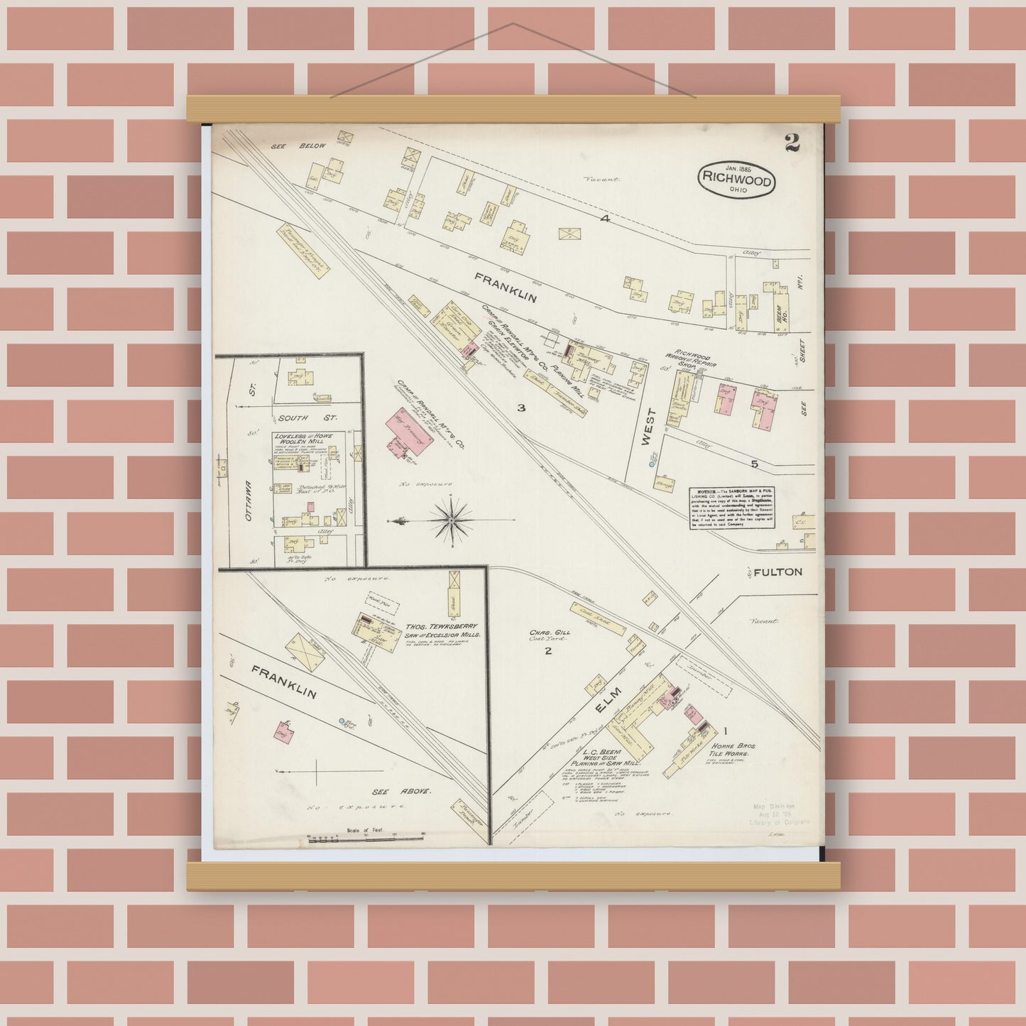 Old map wall art mockup — magnetic wood frame on brick wall — Sanborn Fire Insurance Map from Richwood, Union County, Ohio (1885), Sheet #0002