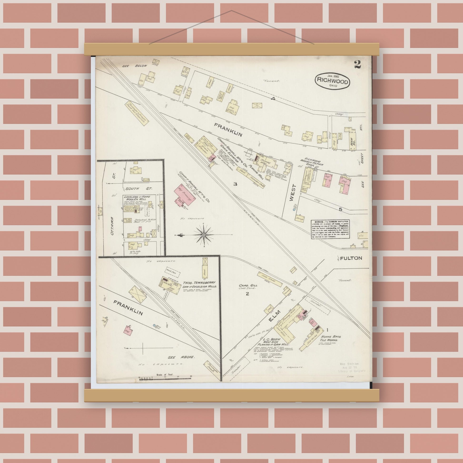 Old map wall art mockup — magnetic wood frame on brick wall — Sanborn Fire Insurance Map from Richwood, Union County, Ohio (1885), Sheet #0002