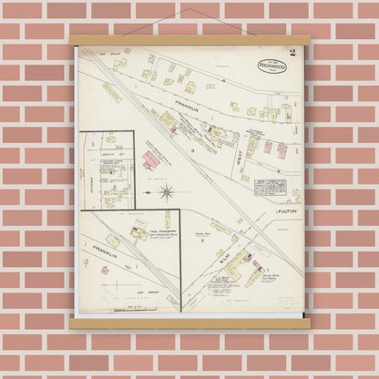 Old map wall art mockup — magnetic wood frame on brick wall — Sanborn Fire Insurance Map from Richwood, Union County, Ohio (1885), Sheet #0002