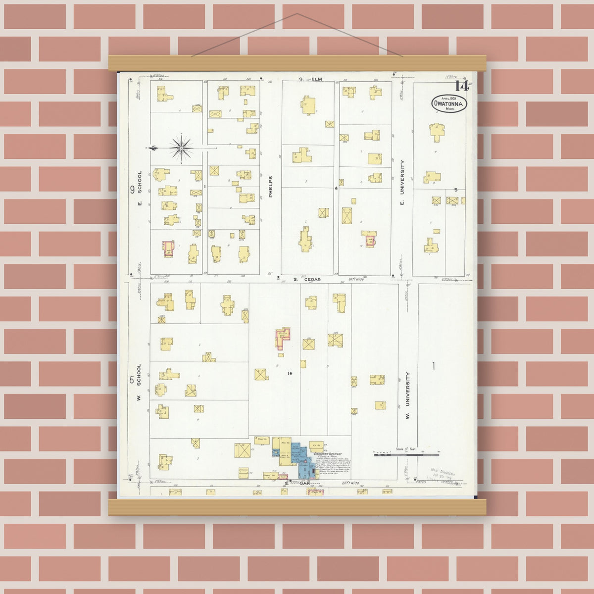 Old map wall art mockup — magnetic wood frame on brick wall — Sanborn Fire Insurance Map from Owatonna, Steele County, Minnesota (1909), Sheet #0014