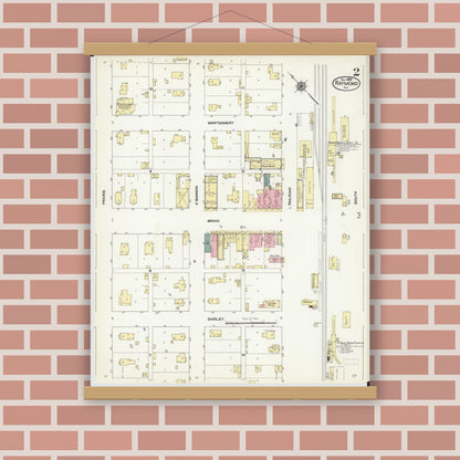 Old map wall art mockup — magnetic wood frame on brick wall — Sanborn Fire Insurance Map from Raymond, Montgomery County, Illinois (1909), Sheet #0002