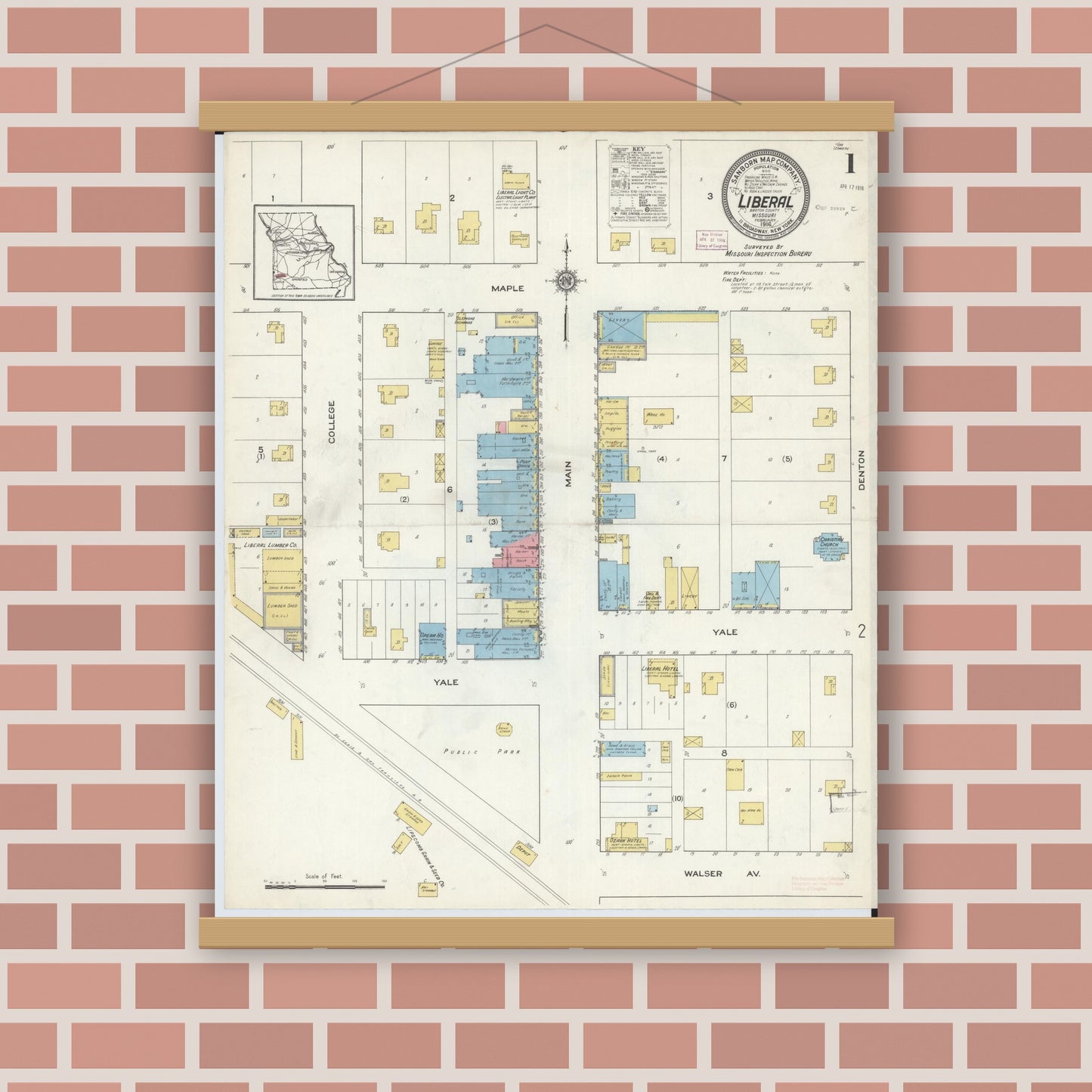 Old map wall art mockup — magnetic wood frame on brick wall — Sanborn Fire Insurance Map from Liberal, Barton County, Missouri (1916) - Complete Map Set