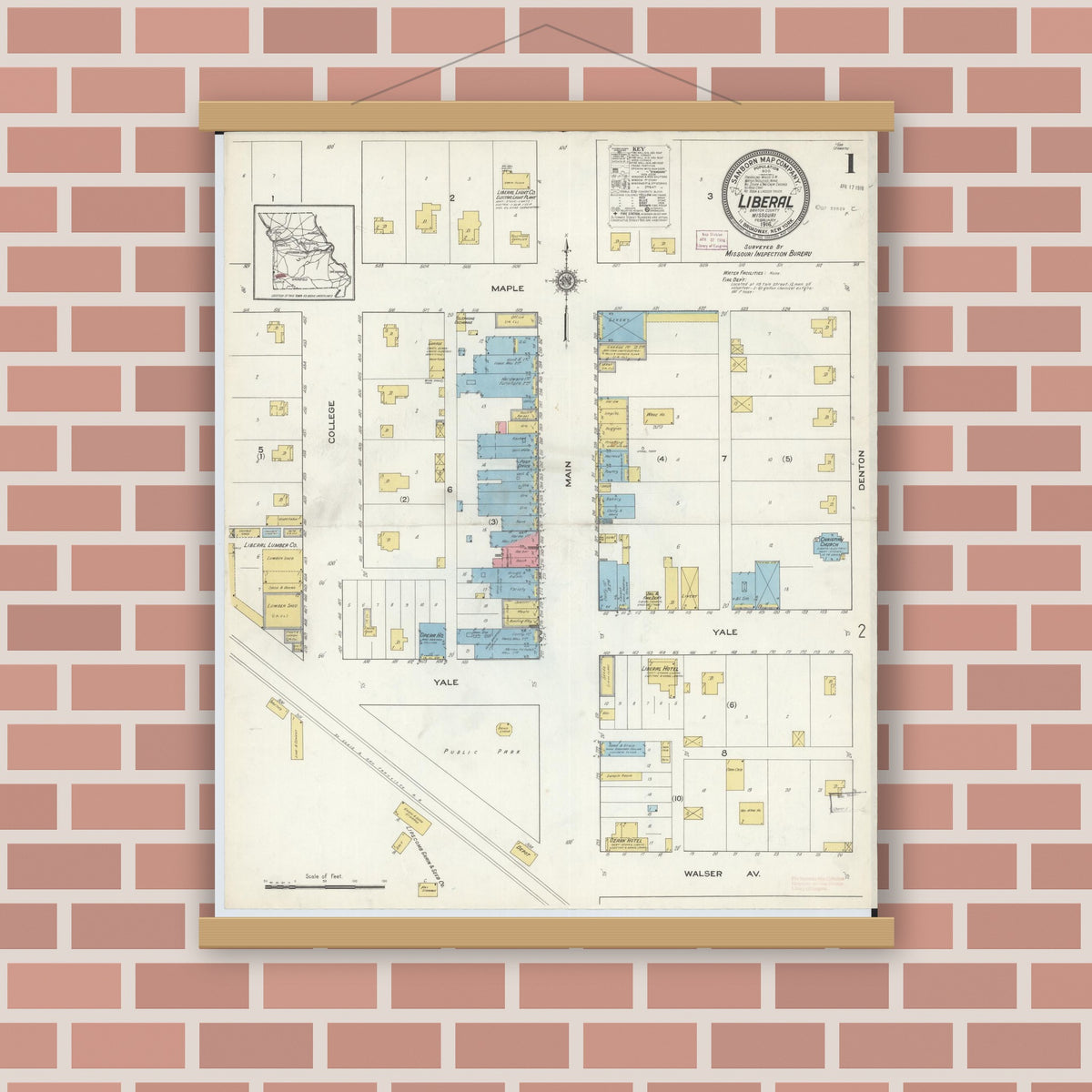 Old map wall art mockup — magnetic wood frame on brick wall — Sanborn Fire Insurance Map from Liberal, Barton County, Missouri (1916) - Complete Map Set