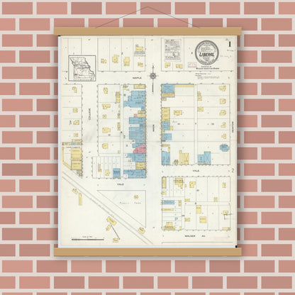 Old map wall art mockup — magnetic wood frame on brick wall — Sanborn Fire Insurance Map from Liberal, Barton County, Missouri (1916) - Complete Map Set