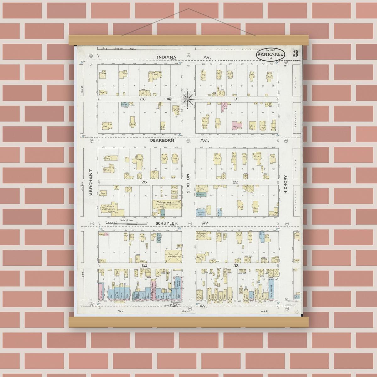Old map wall art mockup — magnetic wood frame on brick wall — Sanborn Fire Insurance Map from Kankakee, Kankakee County, Illinois (1887), Sheet #0003