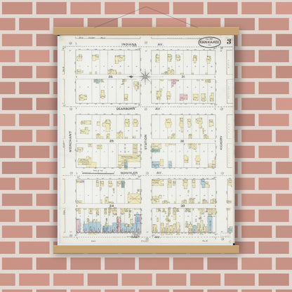 Old map wall art mockup — magnetic wood frame on brick wall — Sanborn Fire Insurance Map from Kankakee, Kankakee County, Illinois (1887), Sheet #0003