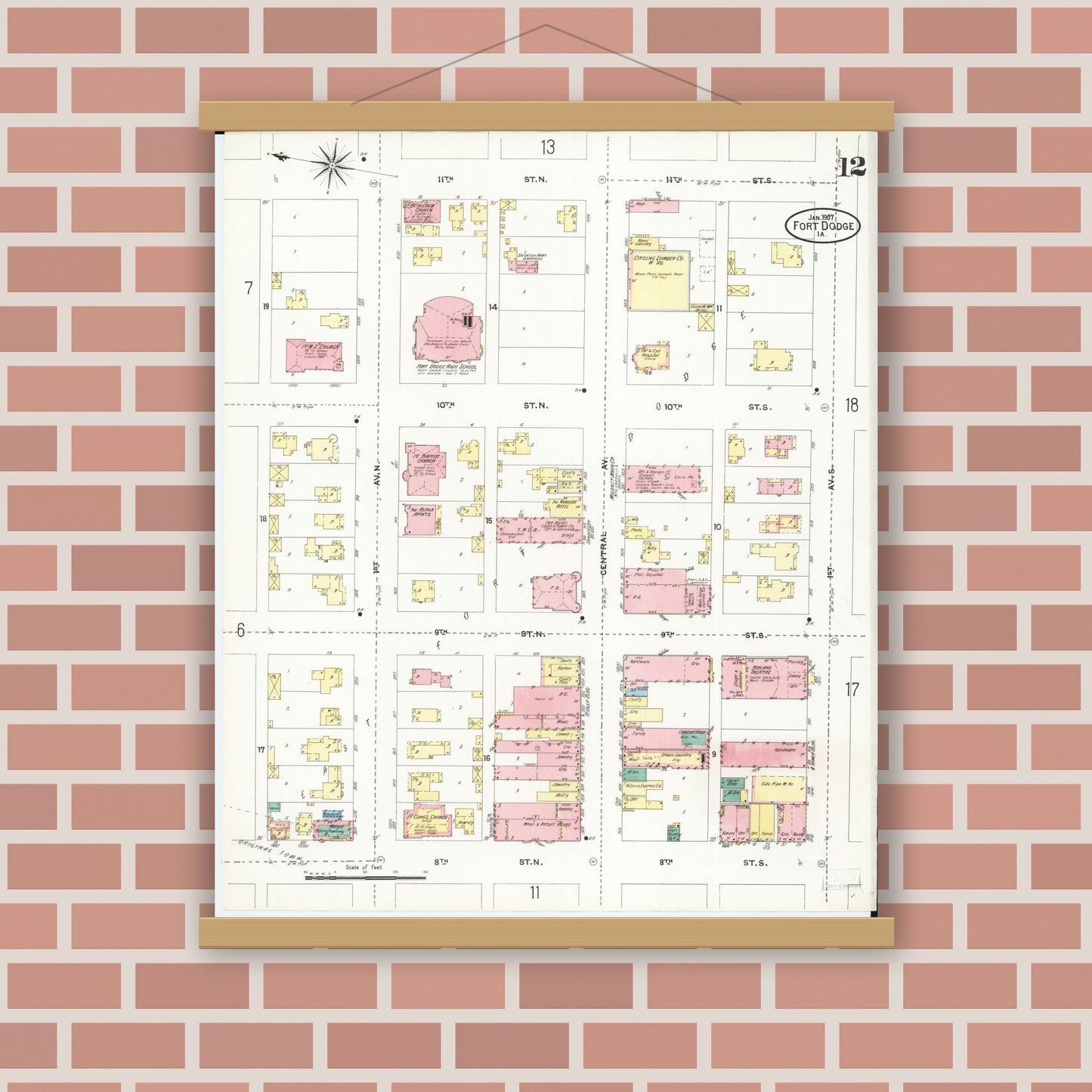 Old map wall art mockup — magnetic wood frame on brick wall — Sanborn Fire Insurance Map from Fort Dodge, Webster County, Iowa (1907), Sheet #0012