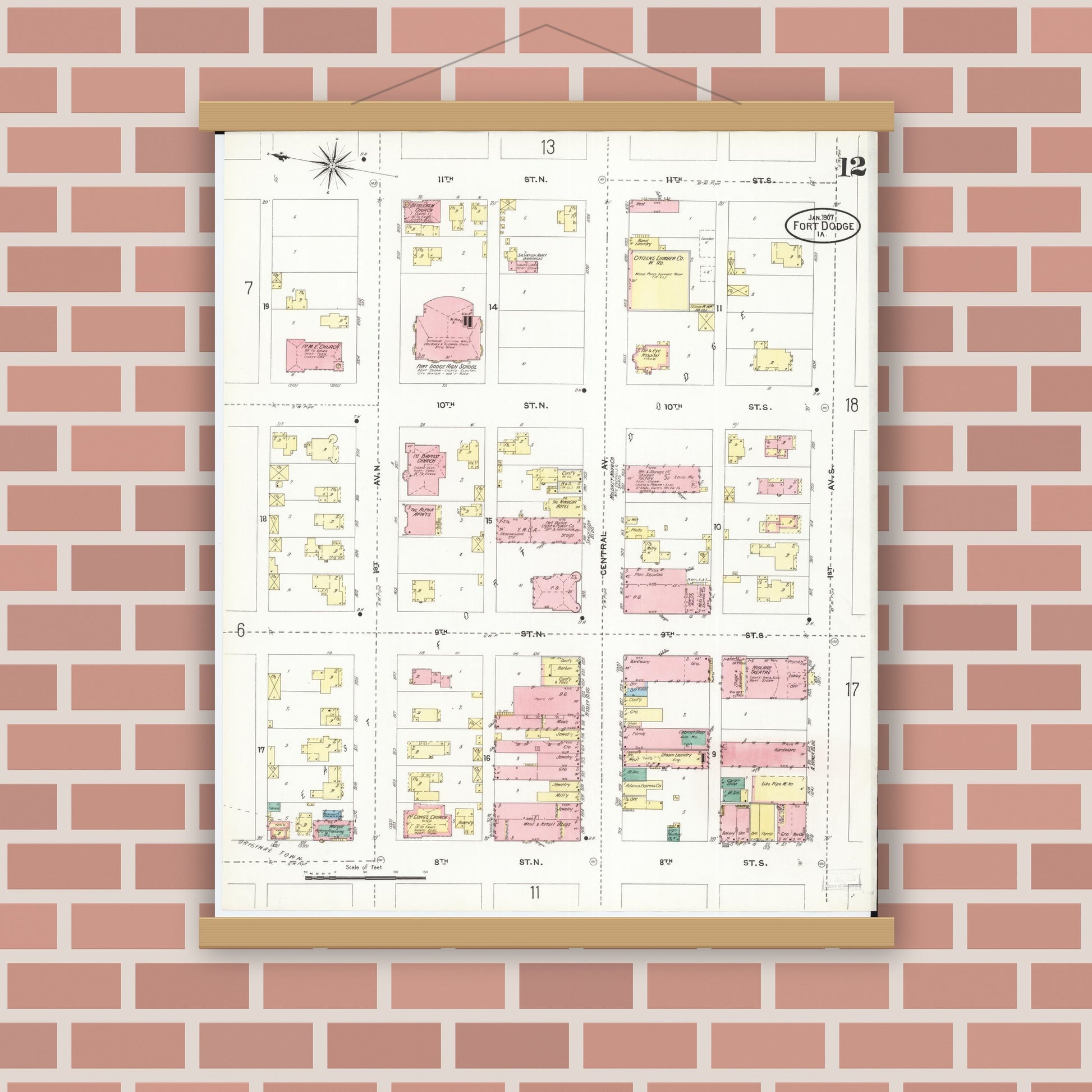 Old map wall art mockup — magnetic wood frame on brick wall — Sanborn Fire Insurance Map from Fort Dodge, Webster County, Iowa (1907), Sheet #0012