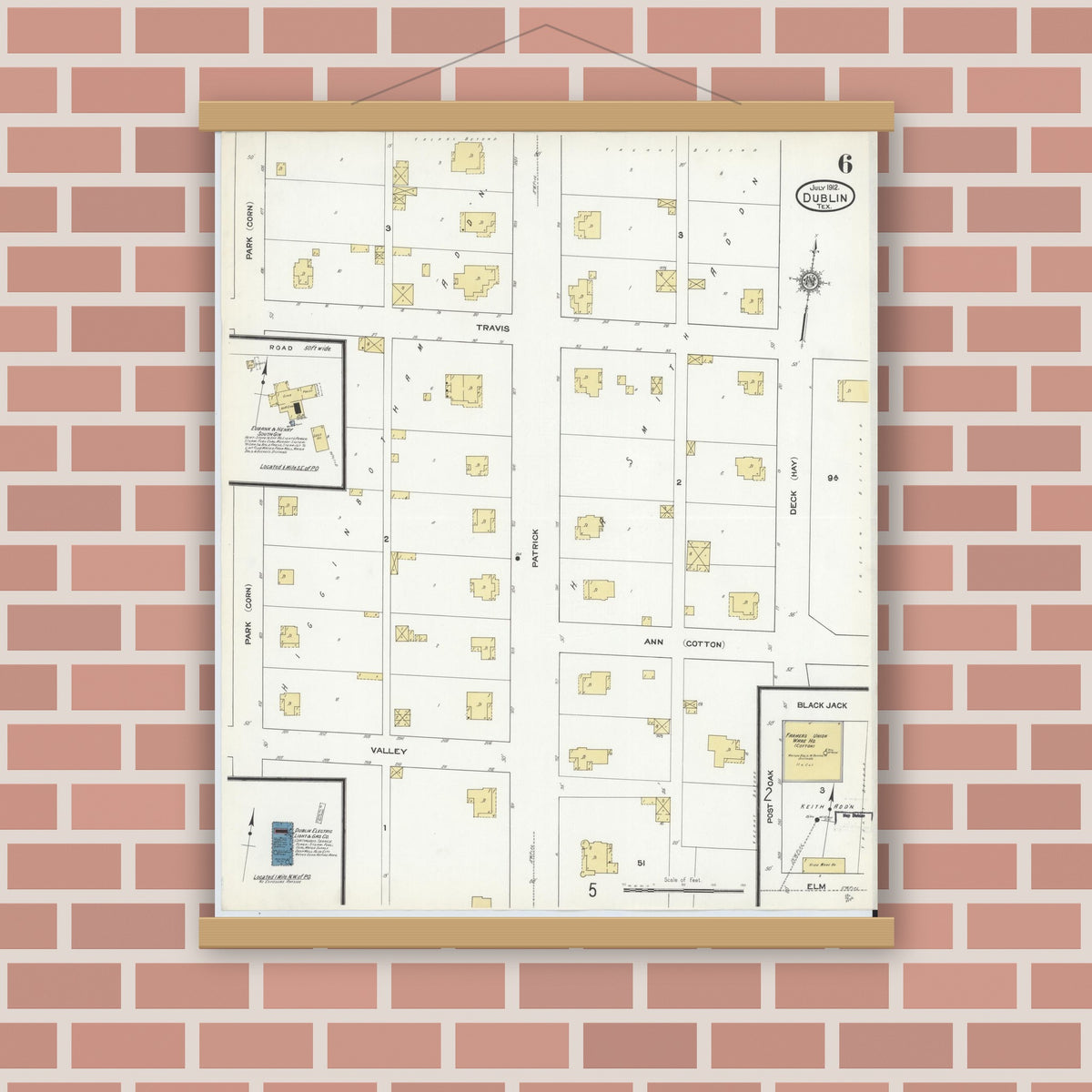 Old map wall art mockup — magnetic wood frame on brick wall — Sanborn Fire Insurance Map from Dublin, Erath County, Texas (1912), Sheet #0006