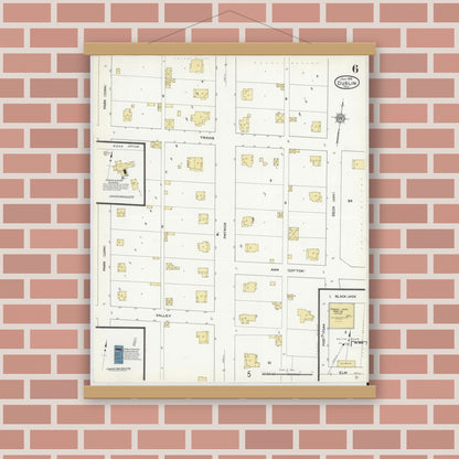 Old map wall art mockup — magnetic wood frame on brick wall — Sanborn Fire Insurance Map from Dublin, Erath County, Texas (1912), Sheet #0006