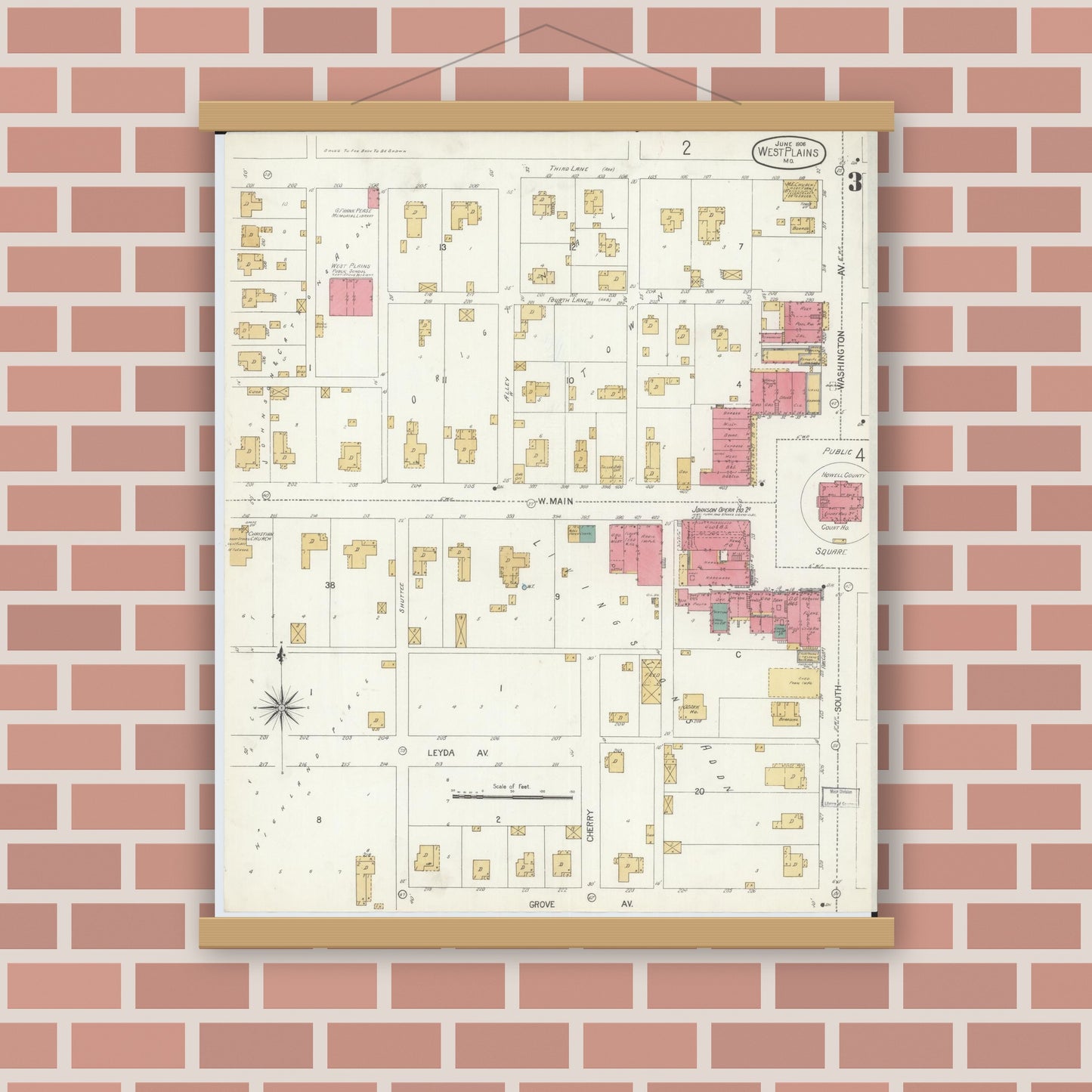 Old map wall art mockup — magnetic wood frame on brick wall — Sanborn Fire Insurance Map from West Plains, Howell County, Missouri (1906), Sheet #0003